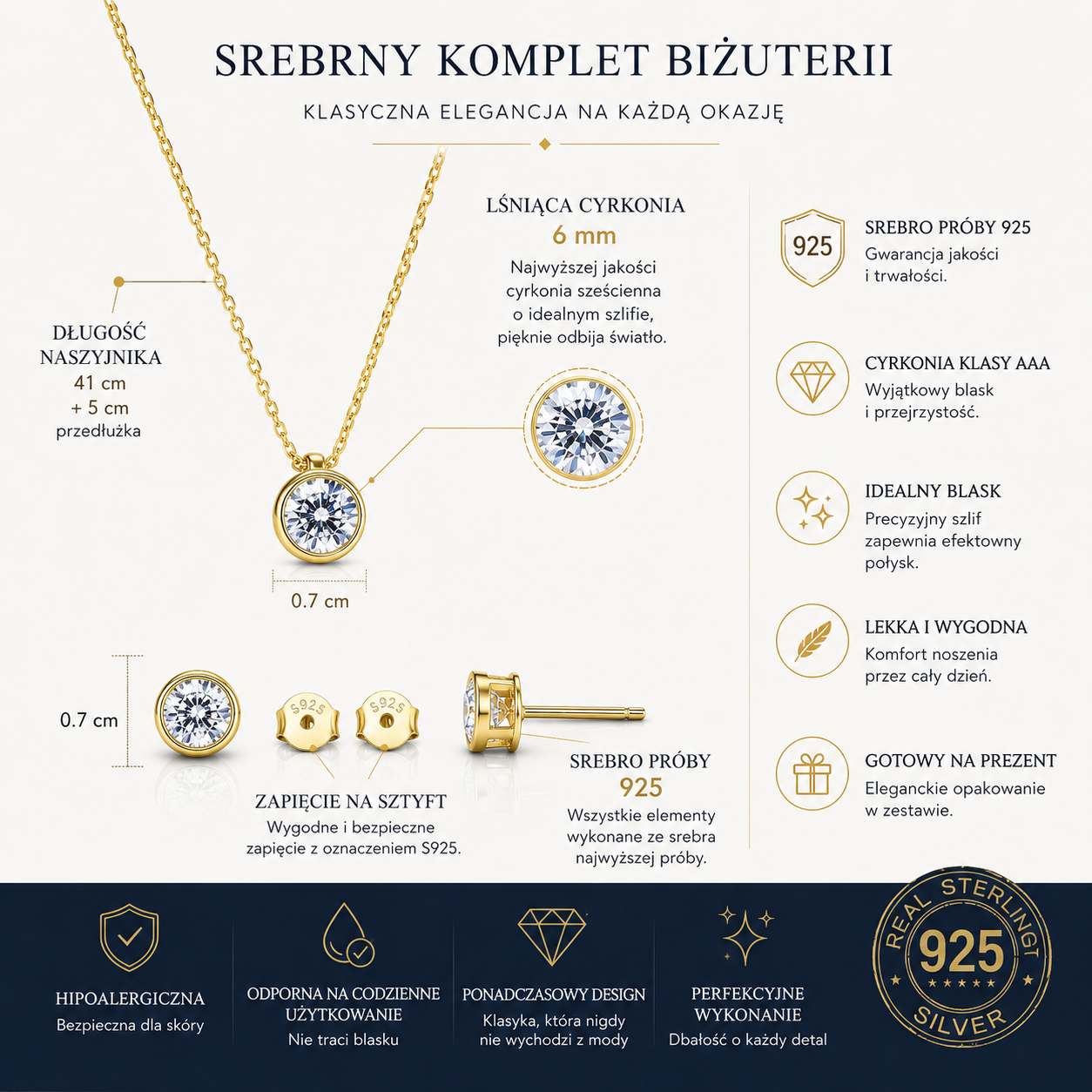 Komplet Aurora — Naszyjnik i Kolczyki z Cyrkoniami · Srebro 925 Pozłacane